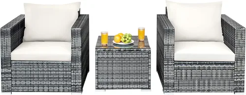HAPPYGRILL Juego de 3 piezas de sofá de mimbre de ratán al aire libre con mesa auxiliar, juego de muebles de patio con cojines suaves para balcón,