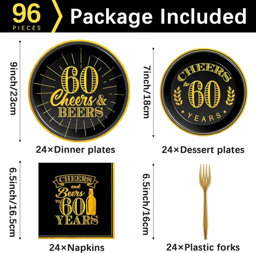 Miniatura 2 de Juego de 96 platos y servilletas para cumpleaños de 60 años, suministros de fiesta de saludos a 60 años, decoraciones de cumpleaños de 60 años