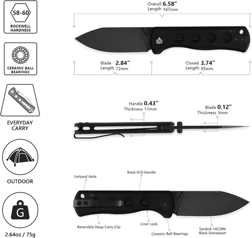 Miniatura 2 de QSP Canary Folder - Cuchillo plegable de bolsillo, hoja de 7.21 cm Sandvik 14C28N con acabado negro lavado a la piedra, mango G10 negro, bloqueo