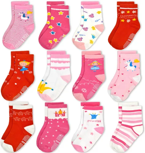 GRPSKCOS Calcetines de agarre para niñas pequeñas, 12 pares de calcetines antideslizantes y transpirables para niñas de 1 a 7 años