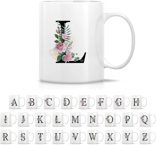 Miniatura 25 de Retreez Ramo botánico floral inicial A-Z con monograma, taza con monograma de cerámica de 11 onzas, regalo de agradecimiento de agradecimiento