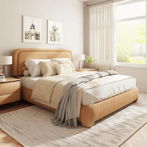 Miniatura 17 de Base de cama Boucle tamaño King, plataforma tapizada en nube con cabecero ajustable en altura y esquinas redondeadas suaves, no necesita somier, sin