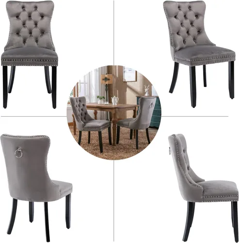 Miniatura 7 de Shenyon Juego de 2 Sillas de Comedor de Terciopelo Gris, Sillas de Comedor Tapizadas con Ribete de Anilla Trasera y Patas de Madera Maciza, Sillas