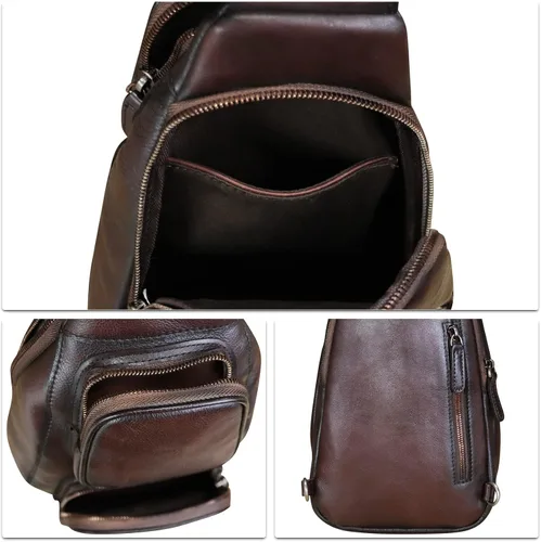 Miniatura 7 de FEIGITOR Bolso bandolera de cuero genuino, mochila cruzada retro hecha a mano, bolsa de pecho para senderismo, ciclismo, riñonera