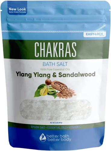 Chakras - Sal de baño de 32 onzas de sal de Epsom con ylang ylang natural, sándalo, eucalipto, incienso, manzanilla y canela, aceites esenciales más