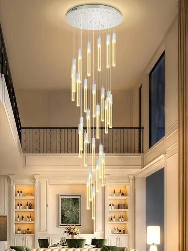 Miniatura 30 de Flashing God Candelabro LED moderno, 10 luces negras regulables, lámpara colgante con control remoto de techo alto para escalera, sala de estar