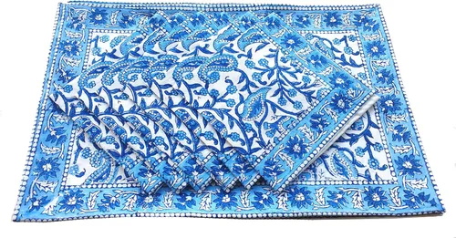 Miniatura 3 de Rastogi Handicrafts Juego de 6 manteles individuales 100 % algodón estilo indio para mesa de comedor y servilletas (azul 1)
