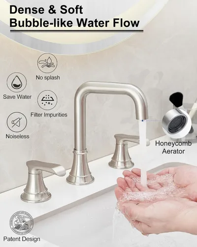 Miniatura 2 de Grifo de baño de 3 agujeros de níquel cepillado, grifo giratorio de 360 grados de 8 pulgadas, 2 asas para fregadero de baño con manguera de Mate