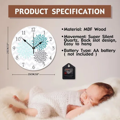 Miniatura 7 de ArogGeld Reloj de pared de madera gris aguamarina verde azulado, reloj de pared de flores de dalia, reloj de pared silencioso sin tictac, funciona