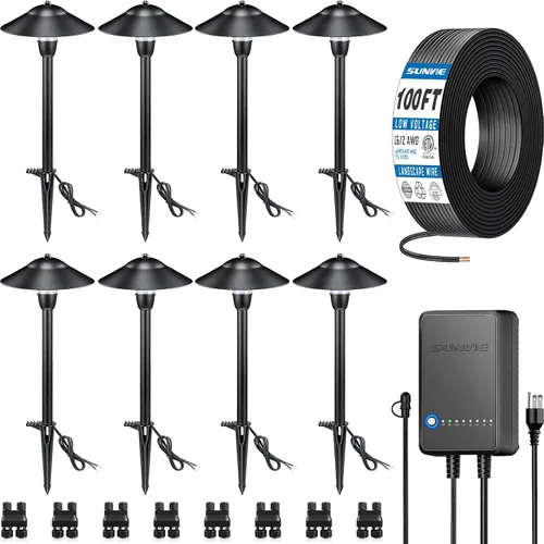 SUNVIE Kit de Iluminación LED Todo en Uno para Senderos, Paquete de 8 Luces de Paisaje de Bajo Voltaje con Transformador y Cable 16/2 AWG de 100