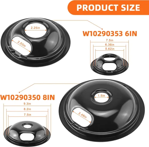 Miniatura 3 de Bandejas de Goteo para Quemadores de Estufa Eléctrica, Cubiertas de Quemadores de Estufa W10290353(6") W10290350(8")+Repuesto de Quemadores