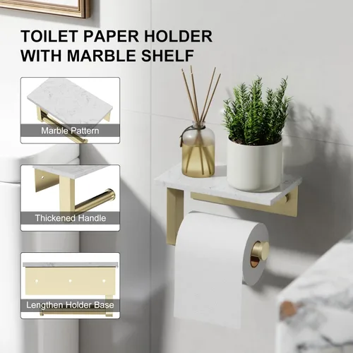 Miniatura 5 de Soporte de papel higiénico dorado cepillado con estante de mármol, soporte de mano de papel higiénico de acero inoxidable 304 montado en la pared