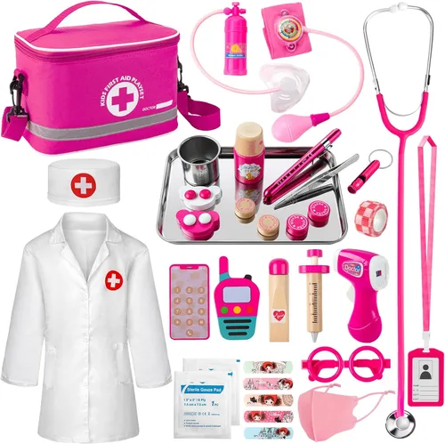 EFO SHM Kit médico para niños y niñas, 34 piezas para niños pequeños de 3 a 5 años con bolsa de almacenamiento médico y estetoscopio real, juego de