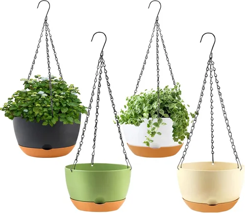 KPUVX Paquete de 4 macetas colgantes para plantas de interior, maceta de 8 pulgadas para exteriores, cestas colgantes de plástico con agujeros de