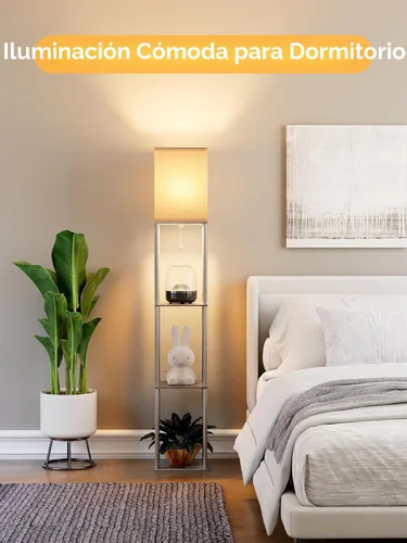 Miniatura 7 de Lámpara de pie con estantes para sala de estar roble gris, lámpara de pie con estante con bombilla LED de 3 CCT, lámpara de columna de pie de Gris