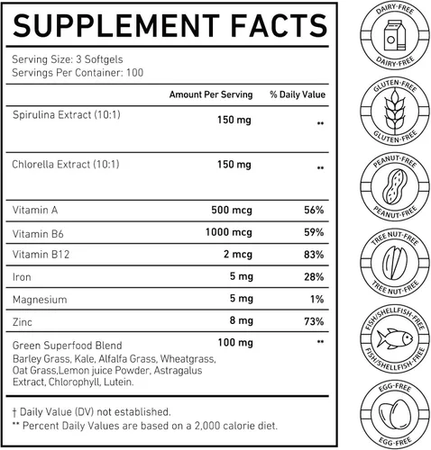 Miniatura 8 de Spirulina & Chlorella Supergreens Softgels, mezcla de Supergreens 17 en 1, proteína a base de plantas, naturalmente rica en clorofila, sin gluten