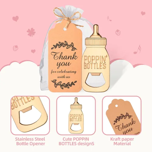 Miniatura 3 de 50 Piezas de Abridores de Biberón para Bebés, Diseño de Botella Poppin para Recuerdos de Baby Shower con Tarjeta de Regalo de Gracias en Paquete, al