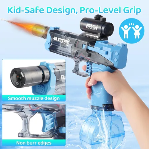 Miniatura 5 de Lanzador de agua eléctrico con boquilla de llama LED, tanque de gran capacidad de 16.9 fl oz, rango de disparo de 32 pies, juguete de batalla al Azul