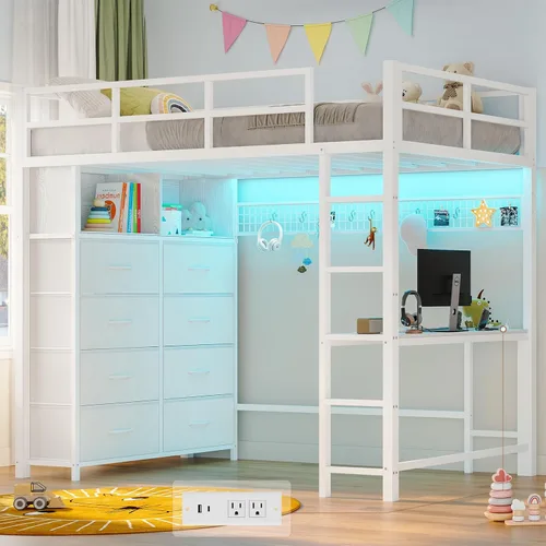 Miniatura 10 de ADORNEVE Cama tipo loft de tamaño individual con escritorio y 8 cajones de almacenamiento, cama alta de metal individual con luces LED y estación