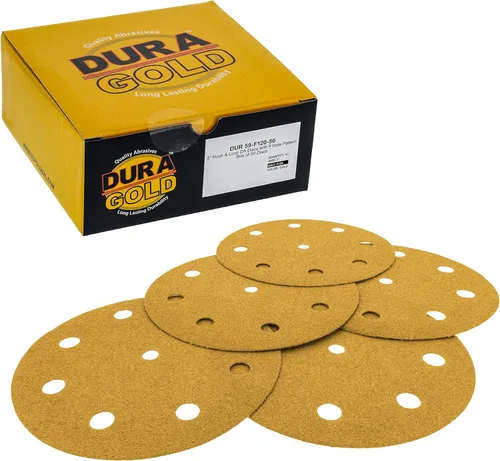 Dura-Gold Discos de lijado dorados de 5 pulgadas de alta calidad, grano 120 (caja de 50), papel de lija de gancho y bucle sin polvo con patrón de 9