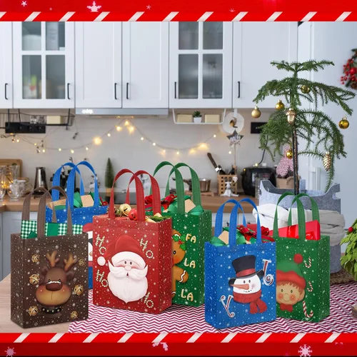 Miniatura 6 de Clysee 6 bolsas de regalo de Navidad con asas, tela no tejida, bolsas reutilizables para fiestas de Navidad, 6 estilos de 10.2 x 8.3 pulgadas