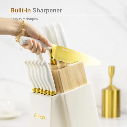 Miniatura 4 de Astercook Juego de cuchillos de cocina de 15 piezas, con revestimiento de titanio dorado saludable, juego de cuchillos de espiga completa con bloque