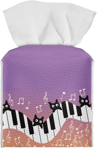 Gomyblomy Juego de caja de pañuelos de cuero sintético con teclado de piano de gato negro, caja de pañuelos plegable impermeable con cinturón