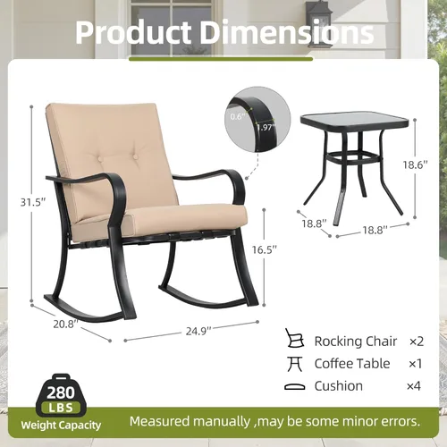 Miniatura 3 de SUNCROWN Juego de 3 sillas mecedoras para exteriores, muebles de acero negro con cojín grueso y mesa de centro con tapa de cristal, color marrón