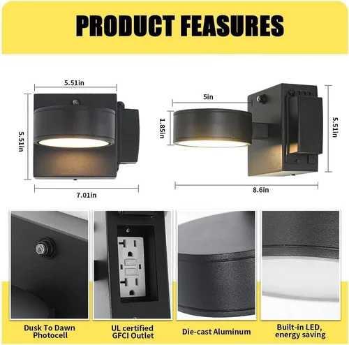 Miniatura 6 de Luces de Porche con Tomacorriente GFCI, Luz de Pared Exterior de Anochecer a Amanecer con Tomacorriente, Lámpara Exterior de Aluminio LED Negro