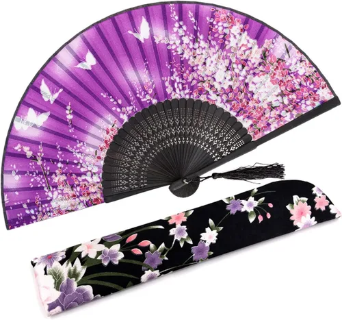 Miniatura 33 de Abanico plegable de seda y bambú, 8.27 pulgadas (21 cm), estilo retro, vintage, elegante y encantador, chino/japonés, regalo para mujeres y niñas