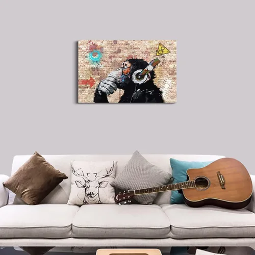 Miniatura 3 de MGSBCXN Lienzo decorativo de pared de graffiti, Banksy, impresión artística de DJ Mono Pensativo con auriculares, pintura artística de arte pop Mono