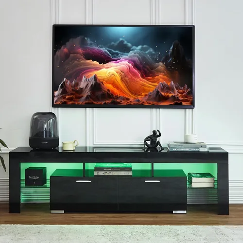Nrizc Soporte de TV LED negro para TV de 75 pulgadas, centro de entretenimiento de TV de alto brillo con cajón de almacenamiento, mesa consola de TV