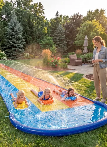 Miniatura 8 de Sloosh Tobogán acuático triple con 3 tablas de cuerpo, almohadilla de agua para césped de 22.5 pies, juguete de verano con aspersor avanzado