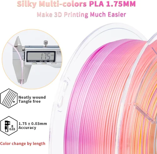 Miniatura 4 de ZIRO - Filamento PLA para impresora 3D de 0.069 pulgadas, filamento sedoso brillante multicolor para impresora 3D, cambio gradual de color PLA