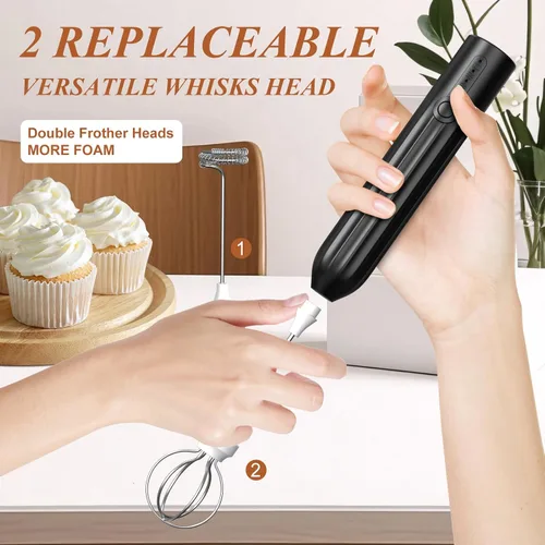 Miniatura 6 de Espumador de leche potente recargable de mano con 2 cabezales inoxidables, 3 velocidades, mezclador de bebidas, batidor eléctrico para café, lattes