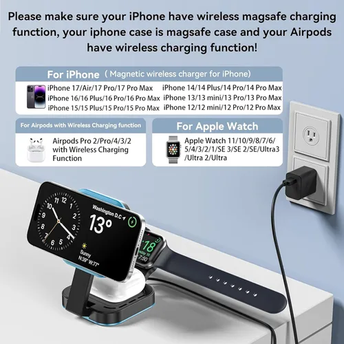 Miniatura 3 de Mini estación de carga plegable 3 en 1 para dispositivos Apple, soporte de cargador inalámbrico para Magsafe para iPhone 17/Air/16/15/14/13/12, Azul