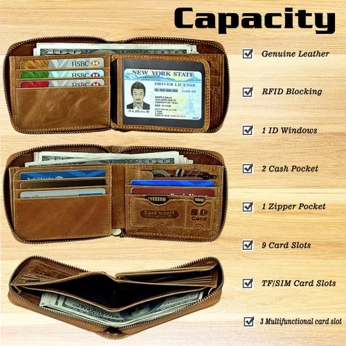 Miniatura 33 de Admetus Billeteras con bloqueo RFID para hombre, billetera de cuero con cremallera para hombres con tarjetero RFID plegable