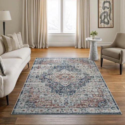 Miniatura 47 de Bloom Rugs Caria Alfombra Lavable Antideslizante de 7 pies - Azul/Carbón Alfombra Tradicional para Entrada, Pasillo, Baño y Cocina - Tamaño Exacto