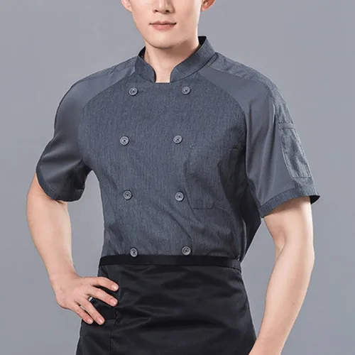 Miniatura 4 de Abrigos de chef unisex de manga corta, uniforme de chef de trabajo, con bolsillo, chaqueta de cocina con cierre de botón