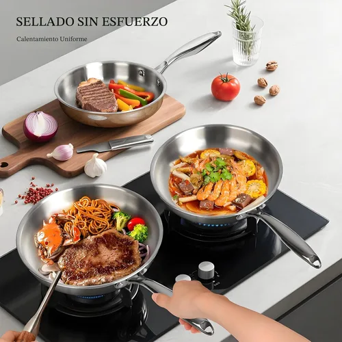 Miniatura 4 de EWFEN Juego de utensilios de cocina de acero inoxidable, juego de ollas y sartenes de 17 piezas de 3 capas de acero inoxidable, seguro para horno