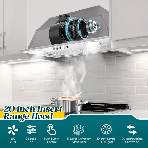 Miniatura 4 de Campana extractora de 20 pulgadas, campana de cocina integrada de 600 CFM, convertible con conductos/sin conductos, inserto de campana