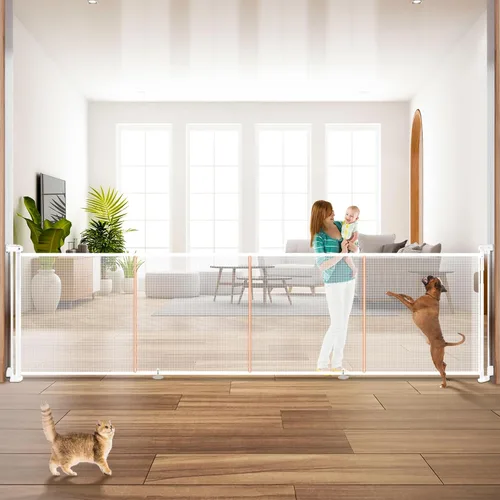 Miniatura 20 de Puertas de bebé retráctiles para escaleras, Pravoluxmax puerta retráctil extra ancha de 78" con varillas de soporte para la casa, puerta de Blanco