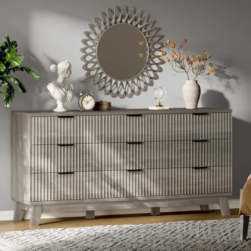 Miniatura 19 de Xixini Cómoda acanalada con 6 cajones, cómoda moderna de 54 pulgadas de ancho con mango de metal, soporte de TV de madera, organizador