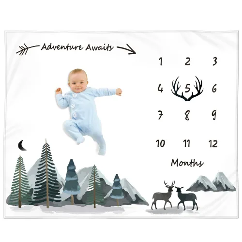 Manta Milestone para bebé niño – Manta mensual de bebé, seguimiento del crecimiento para recién nacido, decoración de guardería de bosque, tema de