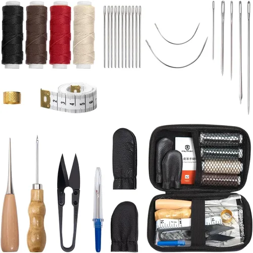 WUTA Kit de costura de cuero, kit de costura de cuero con punzón de costura, agujas, hilo encerado, kit de reparación de tapicería, herramientas de