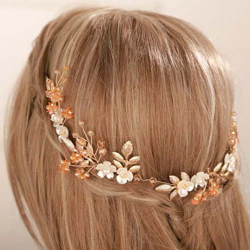 Miniatura 6 de Aimimier Diadema bohemia con hojas de flores y perlas de cristal para mujeres y niñas, 1 recuento (paquete de 1), Metal Cristal