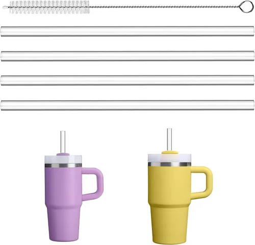 Paquete de 4 popotes de repuesto Tritan para vaso Stanley de 20 onzas y 14 onzas, 8.46 pulgadas de largo, sin BPA, reutilizables, con cepillo de