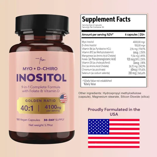 Miniatura 5 de QSTA Suplemento de mio-inositol y D-Chiro inositol para mujeres 4100 mg (proporción 40:1) - Soporte hormonal y metabólico 9 en 1 con folato