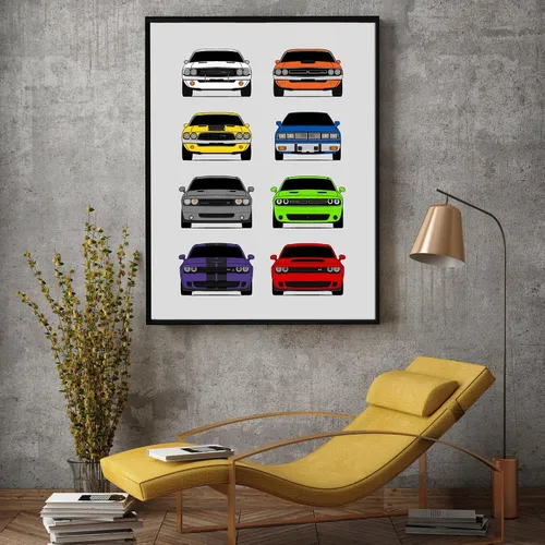 Miniatura 4 de Custom Car Posters Póster hecho a mano compatible con Dodge Challenger Generations e impresión de Challenger SRT, multicolor, impresión metálica