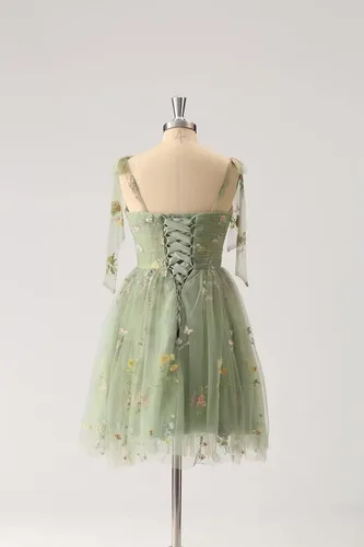 Miniatura 5 de Fivsole Vestido corto con bordado de flores para adolescentes, vestido de tul con tirantes delgados, mini formal, cóctel, fiesta de noche, vestidos